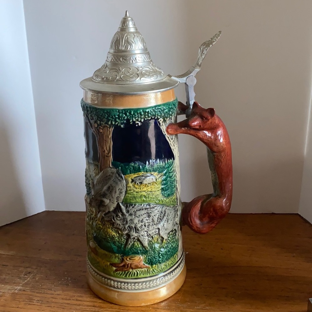 Vintage W. German Gertz hand made & painted stein with fox handle & hinged lid